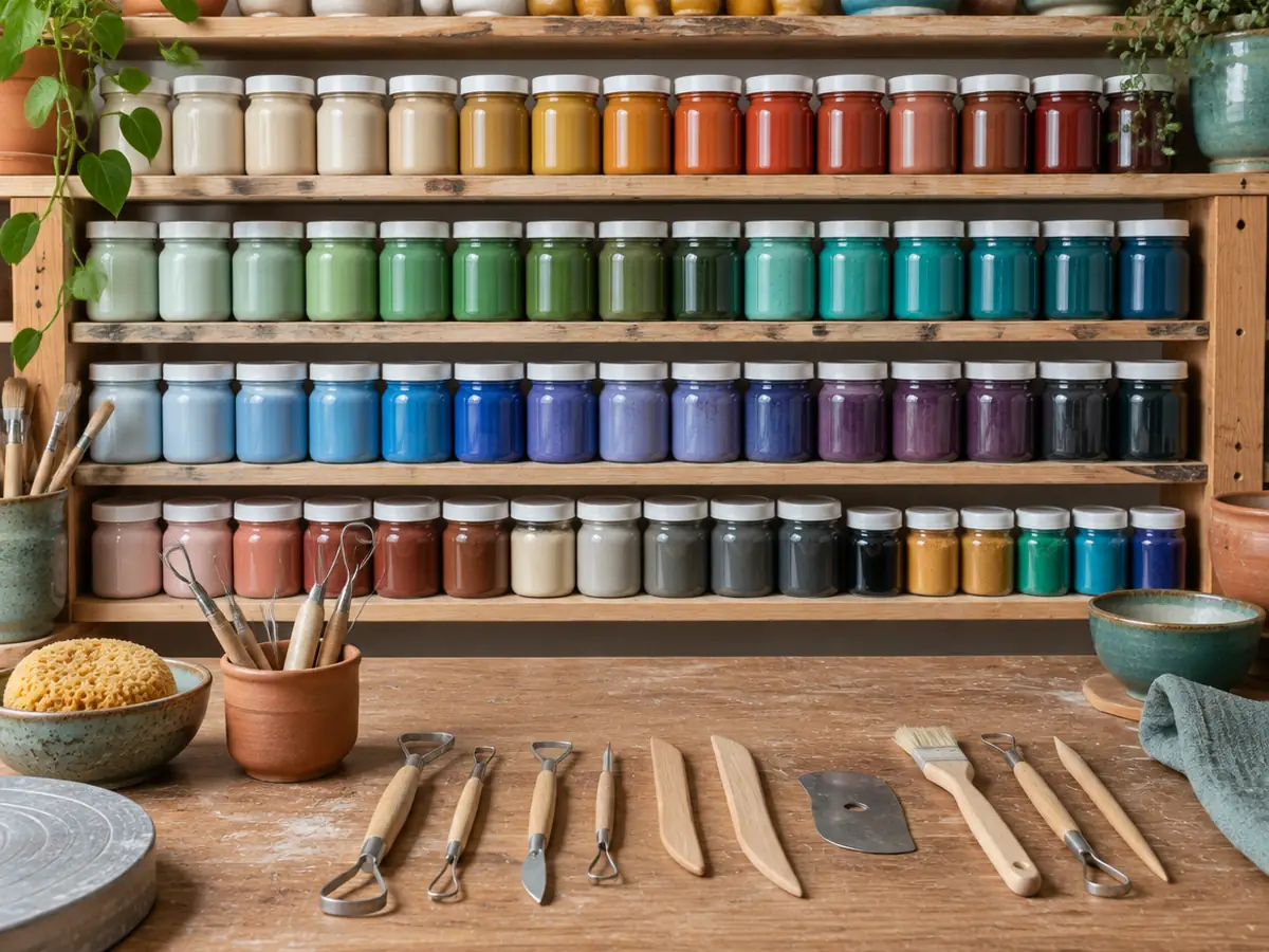 Shelves of glaze and underglaze jars in a spectrum of colours, with hand tools laid on a bench in front.